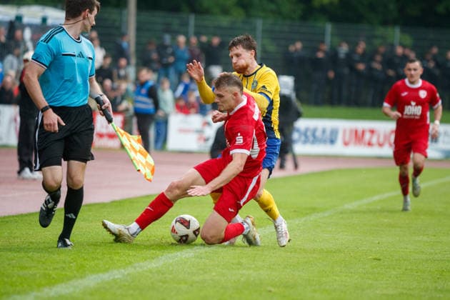 Lukas Walchhütter (Greifswald) vs. Dorian Cevis (Lok GER), Greifswalder FC vs. 1. FC Lok Leipzig, Soccer, Men, Northeast Regional League, Matchday 8, 2026–2027 Season, September 13, 2026, Greifswald Volksstadion, Mecklenburg-Western Pomerania, Germany