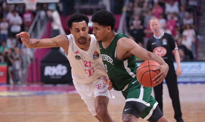 Joel Aminu (Bonn) and Xavier Castaneda (Nanterre), Bonn, Germany, September 13, 2026, Basketball, Exhibition Game, Telekom Baskets Bonn vs. Nanterre 92