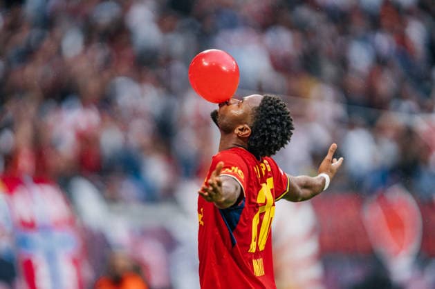 Germany Bundesliga 2026–2027, Matchday 3: RB Leipzig vs. Hamburger SV, Red Bull Arena Leipzig, Christopher Nkunku (RB Leipzig), 28th goal, goal celebration, emotions, cheering, joy, balloon Copyright: xTomxLauruschkatx
