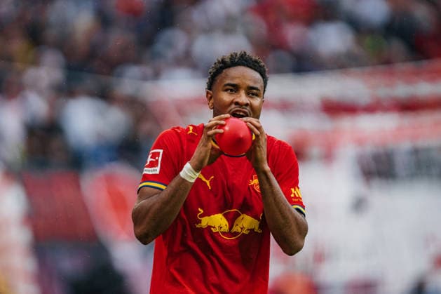 Germany Bundesliga 2026–2027, Matchday 3: RB Leipzig vs. Hamburger SV, Red Bull Arena Leipzig, Christopher Nkunku (RB Leipzig), 28th goal, goal celebration, emotions, cheering, joy, balloon Copyright: xTomxLauruschkatx