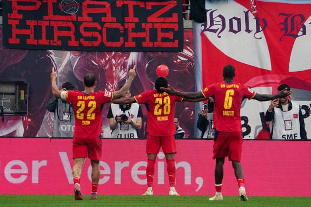 German Bundesliga 2026–2027, Matchday 3: RB Leipzig vs. Hamburger SV at Red Bull Arena, Leipzig—Goals and goal celebrations: Christopher Nkunku (RB Leipzig), 28; Ezechiel Banzuzi (RB Leipzig), 6; David Raum (RB Leipzig), 22 Copyright: xAymanxAlahmedx
