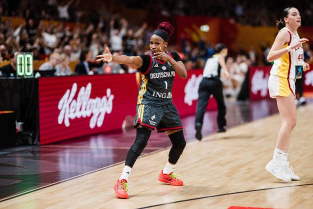 FIBA Women’s Basketball World Cup 2026: Spain vs. Germany, September 13, 2026—Alexis Peterson of Germany, No. 1, celebrates; CELEBRATION; Basketball; FIBA Women’s Basketball World Cup 2026; Final Round, 3rd-Place Game: Spain vs. Germany on September 13, 2026, at the Uber Arena, Berlin Copyright: xBEAUTIFULxSPORTS Tonhäuserx