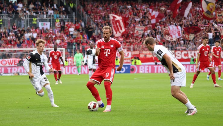 September 13, 2026, Soccer, Men s, 1. Bundesliga, 2026–2027 Season, SV 07 Elversberg vs. FC Bayern Munich, Cole Campbell (SV 07 Elversberg) vs. Harry Kane (FC Bayern Munich), Lasse Günther (SV 07 Elversberg) vs. Elversberg, Ursapharm Arena an der Kaiserlinde, Saarland, Germany Copyright: xFabianxKleerx