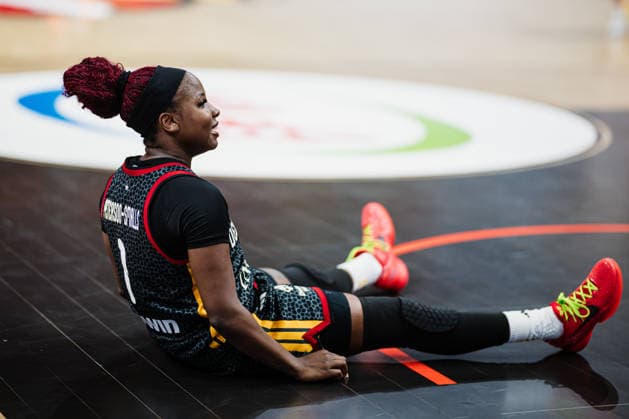 FIBA Women’s Basketball World Cup 2026: Spain vs. Germany, September 13, 2026; Alexis Peterson (Germany, No. 1) is sitting on the floor; FIBA Women’s Basketball World Cup 2026, Final Round, 3rd-Place Game: Spain vs. Germany on September 13, 2026, at the Uber Arena, Berlin Copyright: xBEAUTIFULxSPORTS Tonhäuserx