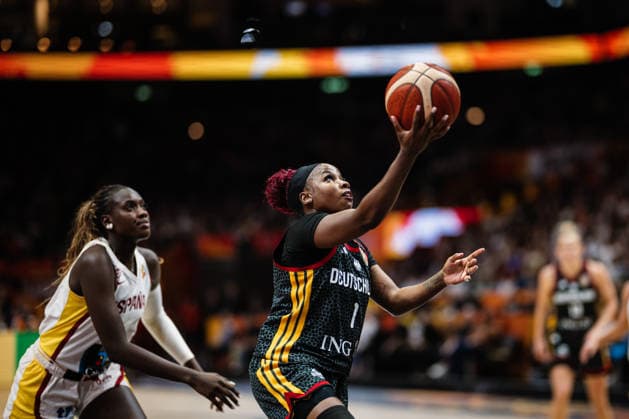 FIBA Women’s Basketball World Cup 2026: Spain vs. Germany, September 13, 2026; Alexis Peterson (Germany), 1; Awa Fam (Spain), 11; Basketball; FIBA Women’s Basketball World Cup 2026; Final Phase, 3rd-Place Game: Spain vs. Germany on September 13, 2026, at the Uber Arena, Berlin Copyright: xBEAUTIFULxSPORTS Tonhäuserx