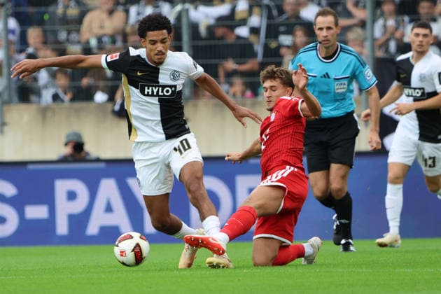September 13, 2026, Soccer, Men s, 1. Bundesliga, 2026–2027 Season, SV 07 Elversberg vs. FC Bayern Munich, Francis Onyeka (SV 07 Elversberg), Tom Bischof (FC Bayern Munich), Elversberg Ursapharm Arena an der Kaiserlinde, Saarland, Germany, DEU Copyright: xFabianxKleerx