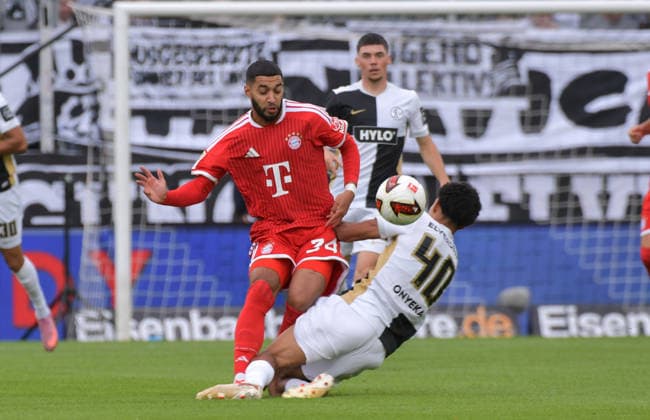 September 13, 2026, xblx, Soccer, 1. Bundesliga, SV Elversberg vs. FC Bayern Munich, featuring Ismael Saibari and Francis Onyeka, SV 07 Elversberg. DFL and DFB regulations prohibit any use of photographs as image sequences and or quasi-video. Elversberg