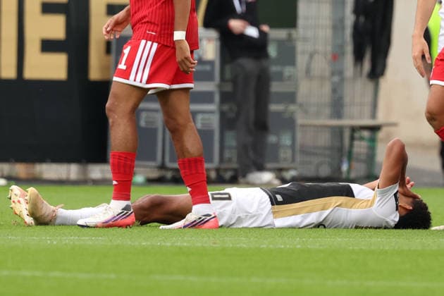 September 13, 2026, xrekx, Soccer, Bundesliga 1, SV Elversberg vs. FC Bayern Munich: Francis Onyeka of SV 07 Elversberg injured, injury, pain, pains DFL and DFB regulations prohibit any use of photographs as image sequences and or quasi-video Elversberg