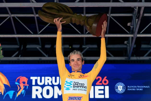 (260913) -- BUCHAREST, Sept. 13, 2026 -- Barnabas Vas of Hungary celebrates winning the Tour of Romania cycling race in Bucharest, Romania, Sept. 13, 2026. (Photo by Xinhua) (SP)ROMANIA-BUCHAREST-CYCLING-TOUR OF ROMANIA CristianxCristel 