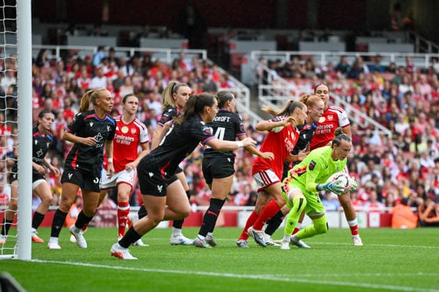 Pauline Peyraud Magnin of Crystal Palace Women collects the ball during the Women s Super League match between Arsenal Women and Crystal Palace Women at the Emirates Stadium, London, England on 13 September 2026. Copyright: xPhilxHutchinsonx 45440003