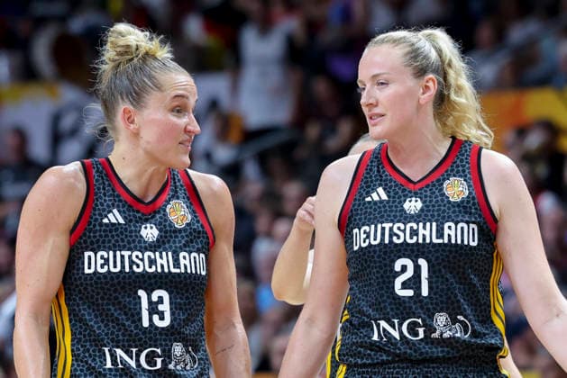 Leonie Fiebich of Germany and Marie Guelich of Germany look dejected during the FIBA Women s Basketball World Cup Germany 2026 third-place game between Spain and Germany at the Berlin Arena on September 13, 2026, in Berlin, Germany. Photo by Marco Steinbrenner, DeFodi Images