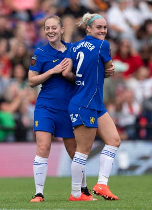 Manchester United, ManU v Chelsea FC - Barclays Women s Super League 2026 27 LEIGH, ENGLAND - SEPTEMBER 13: Ellie Carpenter of Chelsea celebrates scoring the fourth goal with Keira Walsh during the Barclays Women s Super League 2026 27 match between Manchester United and Chelsea FC at Progress with Unity Stadium on September 13, 2026 in Leigh, England. Ellie Carpenter; Keira Walsh Leigh Progress with Unity Stadium England United Kingdom Copyright: xVisionhausx 776552049