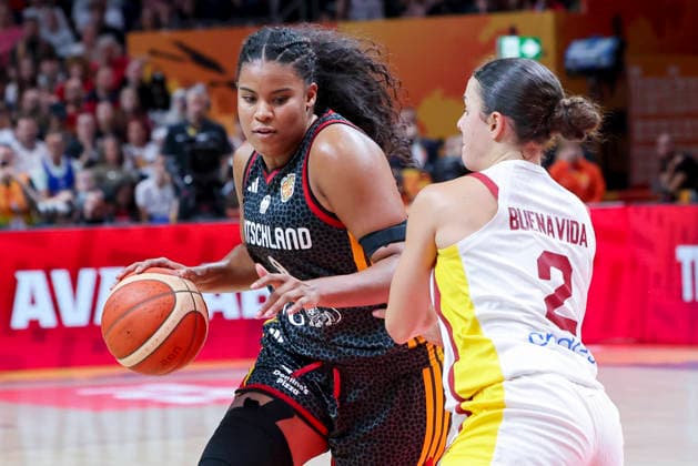 Nyara Sabally of Germany and Elena Buenavida of Spain battle for the ball during the FIBA Women s Basketball World Cup Germany 2026 third-place game between Spain and Germany at the Berlin Arena on September 13, 2026, in Berlin, Germany. Photo by Marco Steinbrenner, DeFodi Images