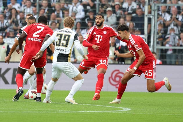 September 13, 2026, xrekx, Soccer, Bundesliga 1, SV Elversberg vs. FC Bayern Munich: Jan Gyamerah (SV 07 Elversberg), Dayot Upamecano (FC Bayern Munich), Cole Campbell (SV 07 Elversberg), Ismael Saibari (FC Bayern Munich), Aleksandar Pavlovic (FC Bayern Munich). DFL and DFB regulations prohibit any use of PHas IMAGE SEQUENCES and or QUASI-VIDEO Elversberg