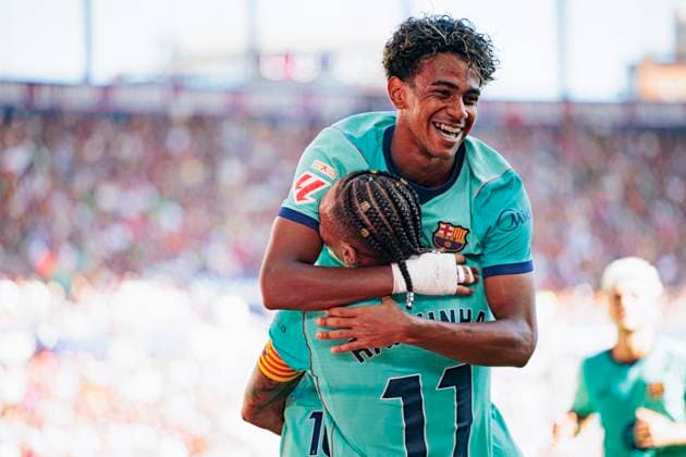 September 13, 2026, Valencia, Spain: Lamine Yamal and Raphinha FC Barcelona, Barca seen in action celebrating after scoring goal during LaLiga EA SPORTS 2026 2027 game between teams of UD Levante and FC Barcelona. Valencia Spain - ZUMAs197 20260913_aaa_s197_102 Copyright: xMaciejxRogowskix
