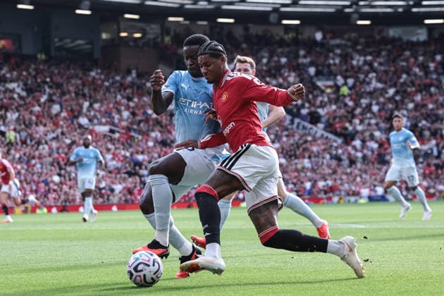 Premier League: Manchester United, ManU v Manchester City Marcus Rashford of Manchester United is tackled by Marc Guehi of Manchester City during the Premier League match Manchester United vs Manchester City at Old Trafford, Manchester, United Kingdom on 13 September 2026 (Photo by Mark Cosgrove News Images) Manchester Old Trafford Greater Manchester United Kingdom Copyright: xMarkxCosgrove NewsxImagesx