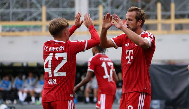 September 13, 2026, Soccer, Men s, Bundesliga 1, 2026–2027 Season, SV 07 Elversberg vs. FC Bayern Munich, Lennart Karl of FC Bayern Munich celebrates his goal—making the score 0–1—with Harry Kane at the Ursapharm Arena in Kaiserlinde, Saarland, Germany Copyright: xFabianxKleerx