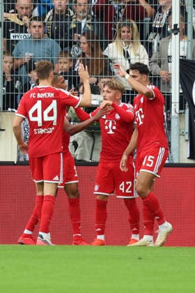 September 13, 2026, xrekx, Soccer, Bundesliga 1, SV Elversberg vs. FC Bayern Munich – Goal celebration after Lennart Karl scored the 0–1 goal for FC Bayern Munich. DFL and DFB regulations prohibit any use of photographs as image sequences and or quasi-video. Elversberg