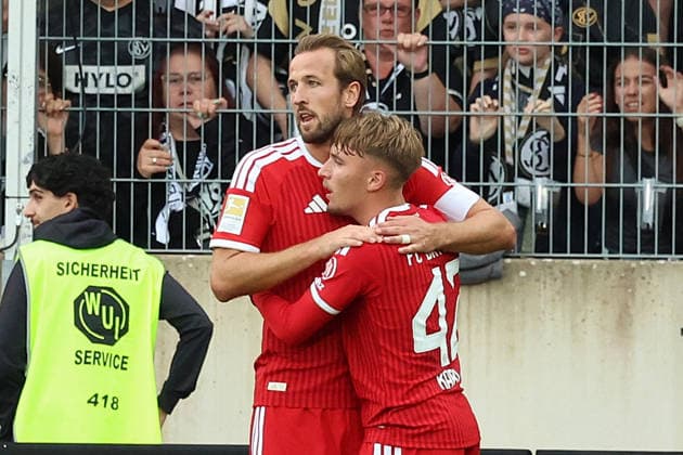 September 13, 2026, xrekx, Soccer, Bundesliga 1, SV Elversberg vs. FC Bayern Munich: Goal celebration after Lennart Karl scored the 0–1 goal for FC Bayern Munich with Harry Kane. FC Bayern Munich. DFL, DFB regulations prohibit any use of photographs as image sequences and or quasi-video Elversberg