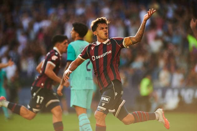 Roger Brugue of Levante UD celebrates after scoring his team s second goal during the LaLiga EA Sports match between Levante UD and FC Barcelona at Estadi Ciutat de Valencia on September 13, 2026, in Valencia, Spain