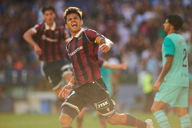 Roger Brugue of Levante UD celebrates after scoring his team s second goal during the LaLiga EA Sports match between Levante UD and FC Barcelona at Estadi Ciutat de Valencia on September 13, 2026, in Valencia, Spain