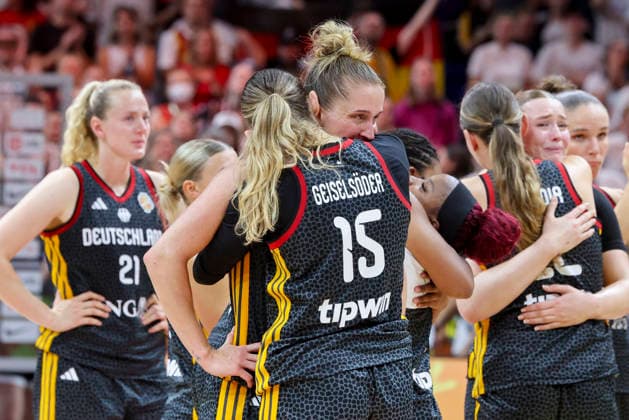 Leonie Fiebich of Germany and Luisa Geiselsoder of Germany look dejected during the FIBA Women s Basketball World Cup Germany 2026 third-place game between Spain and Germany at the Berlin Arena on September 13, 2026, in Berlin, Germany. Photo by Marco Steinbrenner, DeFodi Images