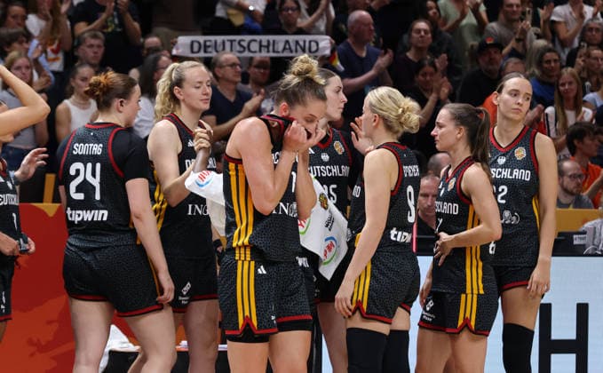 Front: Leonie Fiebich; German team disappointed after the game. Disappointment. Sports. Basketball. FIBA World Cup. Women s World Championship. Third-Place Game. 2026–2027 Season. September 13, 2026. DBB. Germany (GER) vs. Spain (ESP)