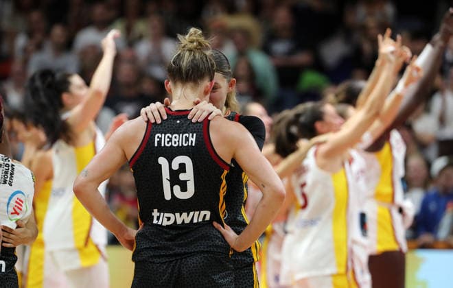 Leonie Fiebich and Luisa Geiselsöder Disappointed After the Game Disappointment Sports Basketball FIBA World Cup Women s World Championship Third-Place Game 2026-2027 Season September 13, 2026 DBB Germany GER vs. Spain ESP