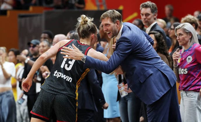 Dirk Nowitzki comforts Leonie Fiebich after the game Sports Basketball FIBA World Cup Women s World Championship Third-Place Game 2026–2027 Season September 13, 2026 DBB Germany GER vs. Spain ESP