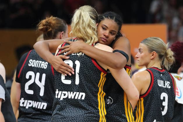 Lina Sontag, Marie Gülich, and Nyara Sabally Disappointed After the Game Disappointment Sports Basketball FIBA World Cup Women s World Championship Third-Place Game 2026–2027 Season September 13, 2026 DBB Germany GER vs. Spain ESP
