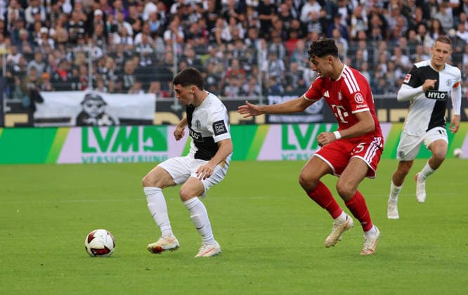 September 13, 2026, Soccer, Men s, 1. Bundesliga, 2026–2027 Season, SV 07 Elversberg vs. FC Bayern Munich, Felix Keidel (SV 07 Elversberg) vs. Aleksandar Pavlovic (FC Bayern Munich), Ursapharm Arena an der Kaiserlinde, Saarland, Germany Copyright: xFabianxKleerx