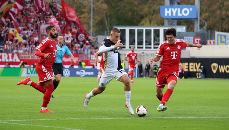September 13, 2026, Soccer, Men s, Bundesliga 1, 2026–2027 Season, SV 07 Elversberg vs. FC Bayern Munich, Ismael Saibari (FC Bayern Munich) vs. Lukas Pinckert (SV 07 Elversberg), Minjae Kim (FC Bayern Munich) vs. Elversberg, Ursapharm Arena an der Kaiserlinde, Saarland, Germany Copyright: xFabianxKleerx
