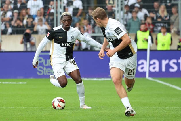 September 13, 2026, xrekx, Soccer, 1. Bundesliga, SV Elversberg vs. FC Bayern Munich: David Mokwa (SV 07 Elversberg), Lasse Günther (SV 07 Elversberg). DFL and DFB regulations prohibit any use of photographs as image sequences and or quasi-video. Elversberg