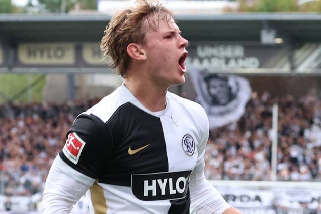 September 13, 2026, xrekx, Soccer, Bundesliga 1, SV Elversberg vs. FC Bayern Munich: Cole Campbell scores, SV 07 Elversberg celebrates; offside goal. DFL and DFB regulations prohibit any use of photographs as image sequences and or quasi-video. Elversberg