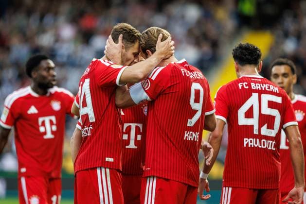 Harry Kane of FC Bayern Munich celebrates the goal that made the score 1-2 with g44, Aleksandar Pavlovic, FC Bayern Munich, goal celebration, cheering, joy, emotions; SV Elversberg vs. FC Bayern Munich, soccer, Bundesliga 1, Matchday 3, 2026–2027 season, September 13, 2026, SV Elversberg vs. FC Bayern Munich, soccer, Bundesliga 1, Matchday 3, 2026–2027 season, September 13, 2026 Copyright: xEibnerxPressefotox EP_ANS