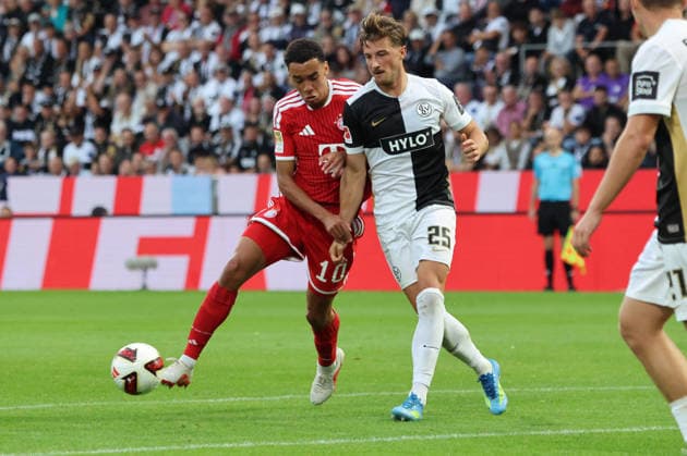 September 13, 2026, Soccer, Men s, Bundesliga 1, 2026–2027 Season, SV 07 Elversberg vs. FC Bayern Munich, Jamal Musiala (FC Bayern Munich), Lukas Petkov (SV 07 Elversberg), Elversberg, Ursapharm Arena an der Kaiserlinde, Saarland, Germany, DEU Copyright: xFabianxKleerx