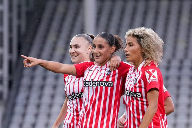 Alena Bienz, SC Freiburg, 08; Ilayda Acikgöz, SC Freiburg, 30; and Amira Arfaoui, SC Freiburg, 17—goal celebration, emotions, celebrations, goal, shot on goal, goal scored, Germany, soccer, Google Pixel Women s Bundesliga, Matchday 4, 2026–2027, SC Freiburg vs. 1. FSV Mainz 05, September 13, 2026, Dreisamstadion, Freiburg, Dreisamstadion, Baden-Württemberg, Germany Copyright: xArnexAmbergx