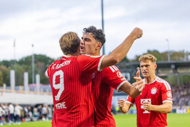 September 13, 2026 SV Elversberg vs. FC Bayern Munich, Germany, Elversberg, September 13, 2026, Soccer, Bundesliga, 2026–2027 Season, SV Elversberg vs. FC Bayern Munich; from left: Harry Kane, Aleksandar Pavlovic (both FC Bayern); celebrating goal 1-2; Kane