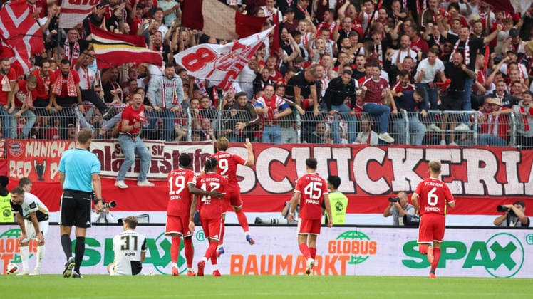 September 13, 2026, xrekx, Soccer, Bundesliga 1, SV Elversberg vs. FC Bayern Munich – Goal celebration after Harry Kane’s goal, 1–2, FC Bayern Munich, DFL, DFB. REGULATIONS PROHIBIT ANY USE OF PHOTOGRAPHS AS IMAGE SEQUENCES AND OR QUASI-VIDEO. Elversberg