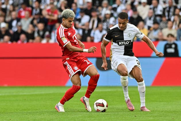 1 German Bundesliga: SV Elversberg vs. FC Bayern Munich, September 13, 2026, ELVERSBERG, GERMANY, September 13—in a duel between Luis DIAZ (FC Bayern Munich, No. 14) and Jan GYAMERAH (SV Elversberg, No. 30) during the Bundesliga match between SV Elversberg and FC Bayern Munich on Matchday 3 at the Ursapharm Arena on Kaiserlinde. DFL REGULATIONS PROHIBIT ANY USE OF PHOTOGRAPHS AS IMAGE SEQUENCES AND OR QUASI-VIDEO Copyright: xBEAUTIFULxSPORTS Goldbergx