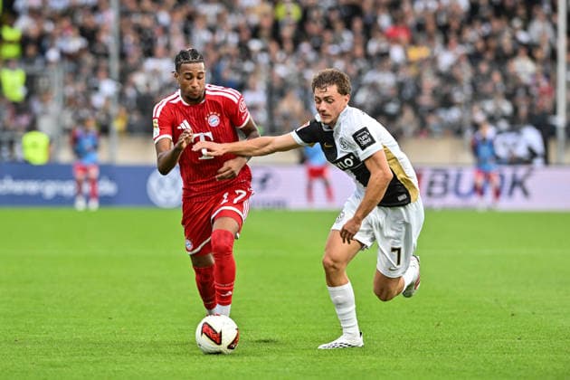 1 German Bundesliga: SV Elversberg vs. FC Bayern Munich, September 13, 2026, ELVERSBERG, GERMANY, September 13: Michael OLISE (FC Bayern Munich, No. 17) and Maurice KRATTENMACHER (SV Elversberg, No. 7) face off during the Bundesliga match between SV Elversberg and FC Bayern Munich on Matchday 3 at the Ursapharm Arena on Kaiserlinde Street. DFL REGULATIONS PROPROHIBIT ANY USE OF PHOTOGRAPHS AS IMAGE SEQUENCES AND OR QUASI-VIDEO Copyright: xBEAUTIFULxSPORTS Goldbergx