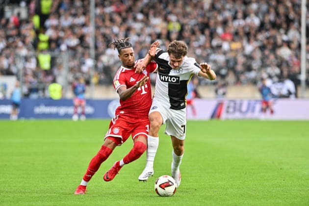 1 Bundesliga: SV Elversberg vs. FC Bayern Munich, September 13, 2026, ELVERSBERG, GERMANY, September 13: Michael OLISE (FC Bayern Munich, No. 17) and Maurice KRATTENMACHER (SV Elversberg, No. 7) face off during the Bundesliga match between SV Elversberg and FC Bayern Munich on Matchday 3 at the Ursapharm Arena on Kaiserlinde. DFL REGULATIONS PROPROHIBIT ANY USE OF PHOTOGRAPHS AS IMAGE SEQUENCES AND OR QUASI-VIDEO Copyright: xBEAUTIFULxSPORTS Goldbergx