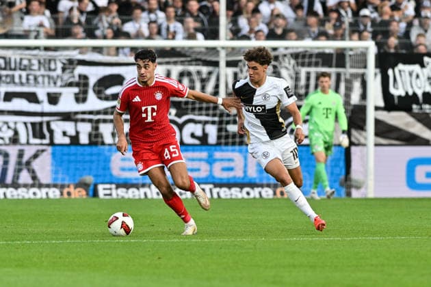 1 German Bundesliga: SV Elversberg vs. FC Bayern Munich, September 13, 2026, ELVERSBERG, GERMANY, September 13: Aleksandar PAVLOVIC of FC Bayern Munich (45) and Noah DARVICH of SV Elversberg (10) face off during the Bundesliga match between SV Elversberg and FC Bayern Munich on Matchday 3 at the Ursapharm Arena on Kaiserlinde. DFL REGULATIONS PROHIBIT ANY USE OF PHOTOGRAPHS AS IMAGE SEQUENCES AND OR QUASI-VIDEO Copyright: xBEAUTIFULxSPORTS Goldbergx