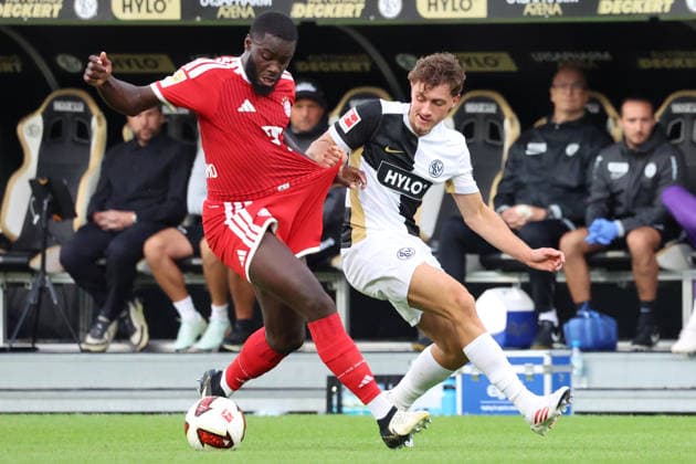 September 13, 2026, xrekx, Soccer, Bundesliga 1, SV Elversberg vs. FC Bayern Munich – Dayot Upamecano (FC Bayern Munich) vs. Maurice Krattenmacher (SV 07 Elversberg) – Tackle, Action, battle for the ball. DFL and DFB regulations prohibit any use of photographs as image sequences and or quasi-video. Elversberg