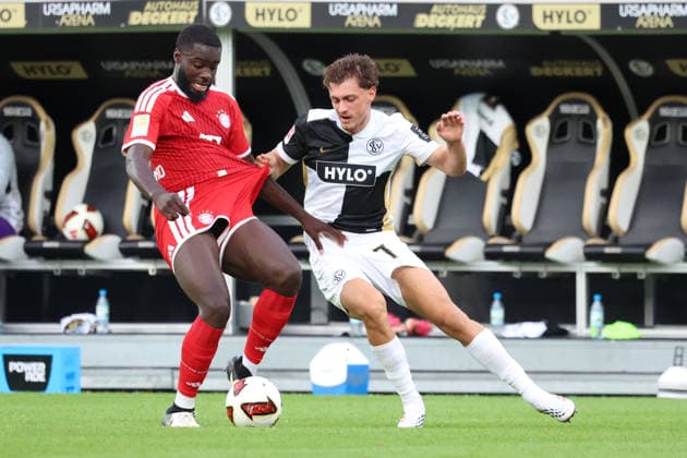 September 13, 2026, xrekx, Soccer, Bundesliga 1, SV Elversberg vs. FC Bayern Munich: Dayot Upamecano (FC Bayern Munich) vs. Maurice Krattenmacher (SV 07 Elversberg), tackle, Action, battle for the ball. DFL and DFB regulations prohibit any use of photographs as image sequences and or quasi-video. Elversberg