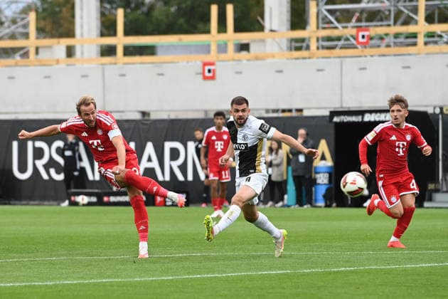 Harry KANE M Goal opportunity, Action, Soccer 1st Bundesliga, Matchday 3, matchday3, Matchday 3, SV 07 Elversberg vs. FC Bayern Munich on September 13, 2026, at the Ursapharm Arena an der Kaiserlinde, Waldstadion in Elversberg, Germany. DFL regulations prohibit any use of photographs as image sequences and or quasi-video.