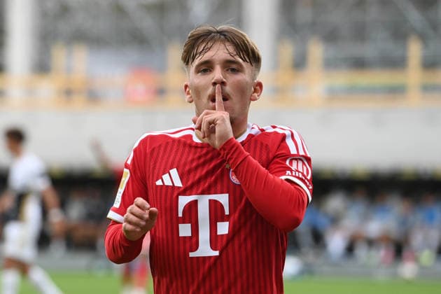 Lennart KARL M celebrates after scoring the 0-1 goal; celebration, cheering, joy, cheers, Soccer 1. Bundesliga, Matchday 3, matchday3, Spieltag3, SV 07 Elversberg vs. FC Bayern Munich on September 13, 2026, at the Ursapharm Arena an der Kaiserlinde, Waldstadion in Elversberg, Germany. DFL regulations prohibit any use of photographs as image sequences and or quasi-video.