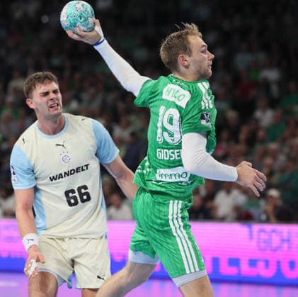 GER HBL 2026–2027 Season: Füchse Berlin vs. VfL Gummersbach, September 13, 2026, MAX SCHMELING HALLE, Berlin, Mathias GIDSEL of Füchse Berlin 19 scores past Stepan ZEMAN of VfL Gummersbach 66