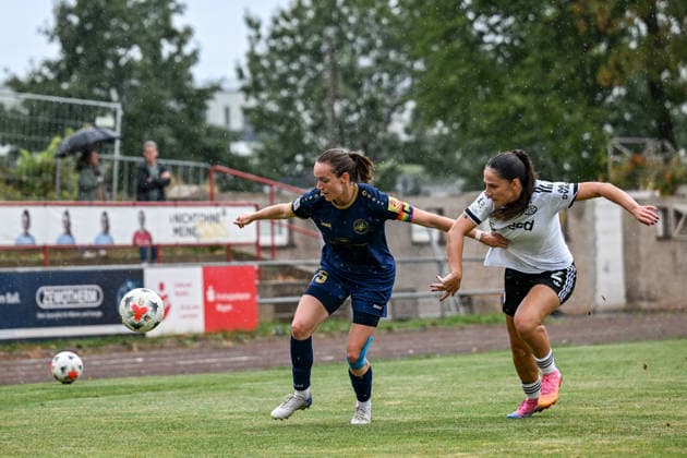 September 13, 2026, Soccer, Women s Bundesliga 2, 2026–2027 season, Matchday 6, SG 99 Andernach vs. Eintracht Frankfurt U20: Vanessa Zilligen (No. 15, Andernach) and Jana Theijs (No. 2, Frankfurt U20) battle for the ball