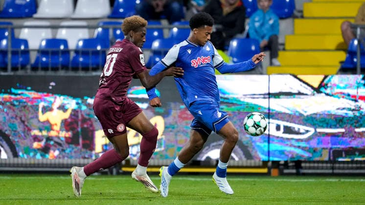 v li Romeo Aigbekaen Cologne, 30, Natnael Abraha TSG II, 2, tackle, game scene, duel, tackle, tackling, dynamic, action, 13 09 2026, Sinsheim, Germany, soccer, 3rd League, TSG 1899 Hoffenheim II vs. SC Fortuna Cologne, DFB and DFL regulations prohibit any use of photographs as image sequences and or quasi-video xozx